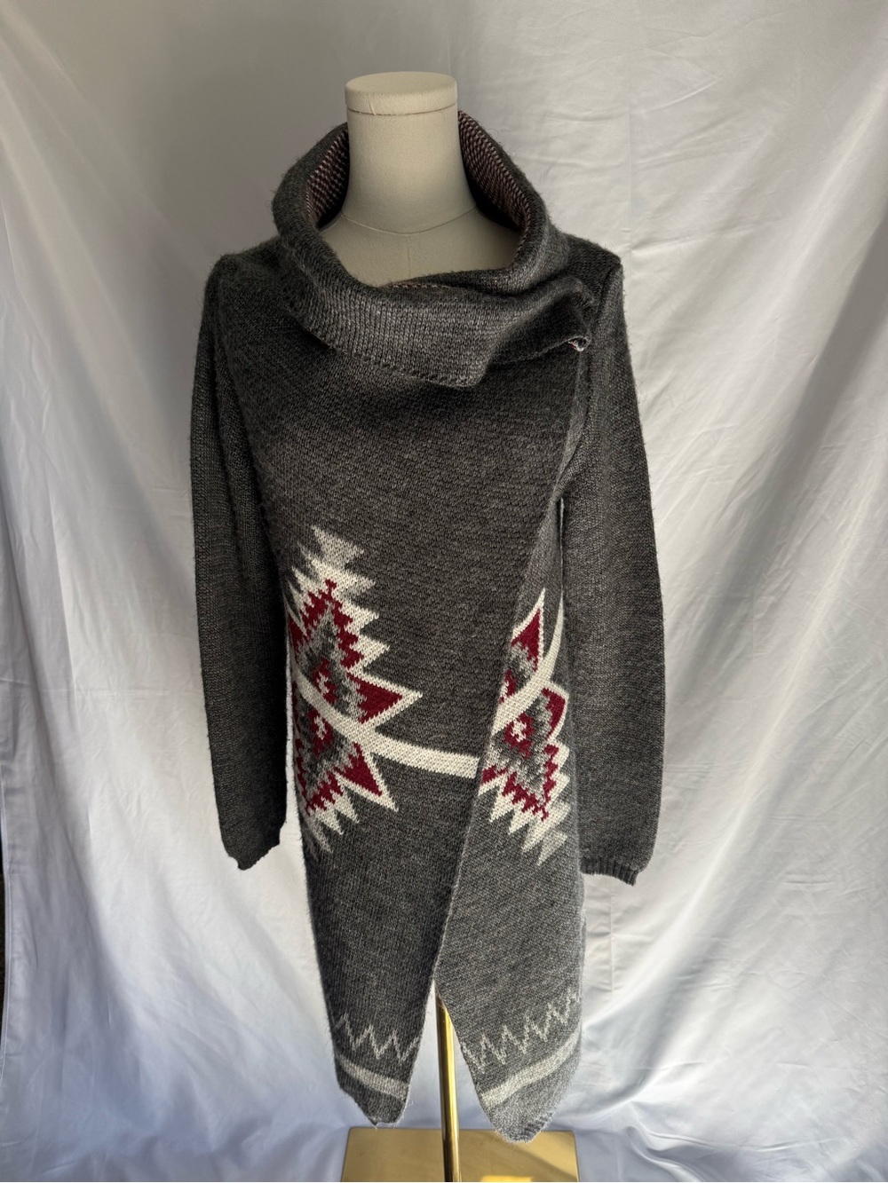 Key Largo Aztec Geometric Cowl Neck Asymmetrical Long Cardigan Sweater Grey M